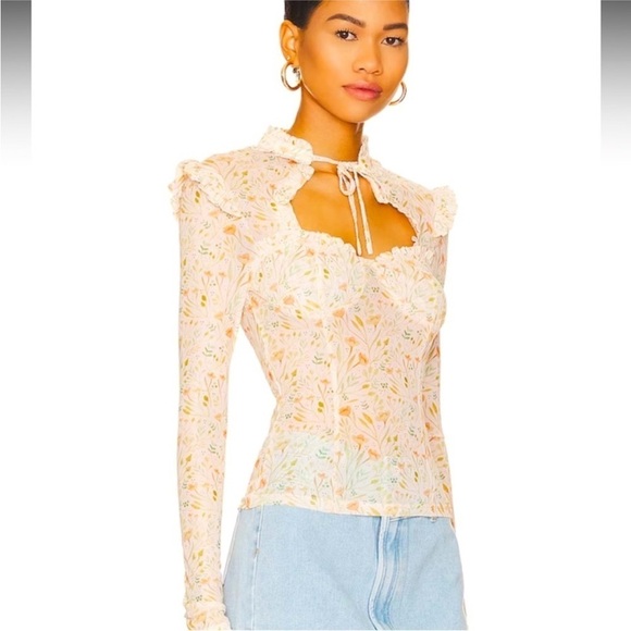 More to Come- Revolve Floral Mesh Longsleeve Tie Blouse - Picture 2 of 9